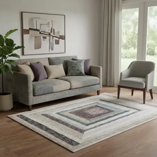 Beige Ivory And Charcoal Geometric Washable Area Rug With UV Protection Photo 2