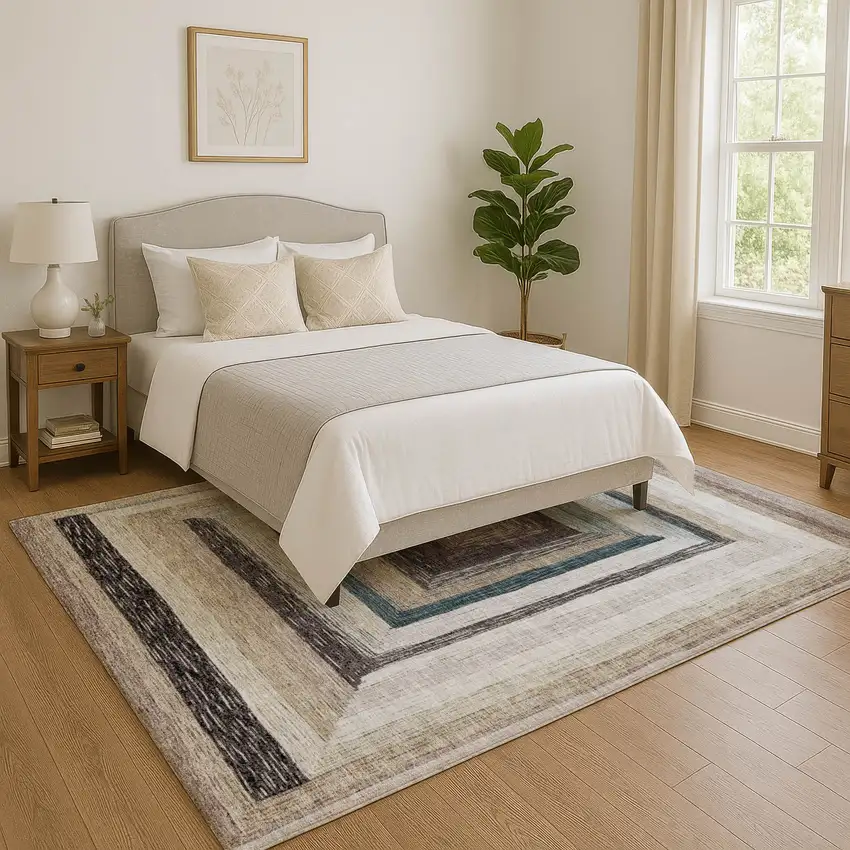 Beige Ivory And Charcoal Geometric Washable Area Rug With UV Protection Photo 5