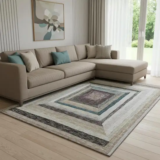 Beige Ivory And Charcoal Geometric Washable Area Rug With UV Protection Photo 2