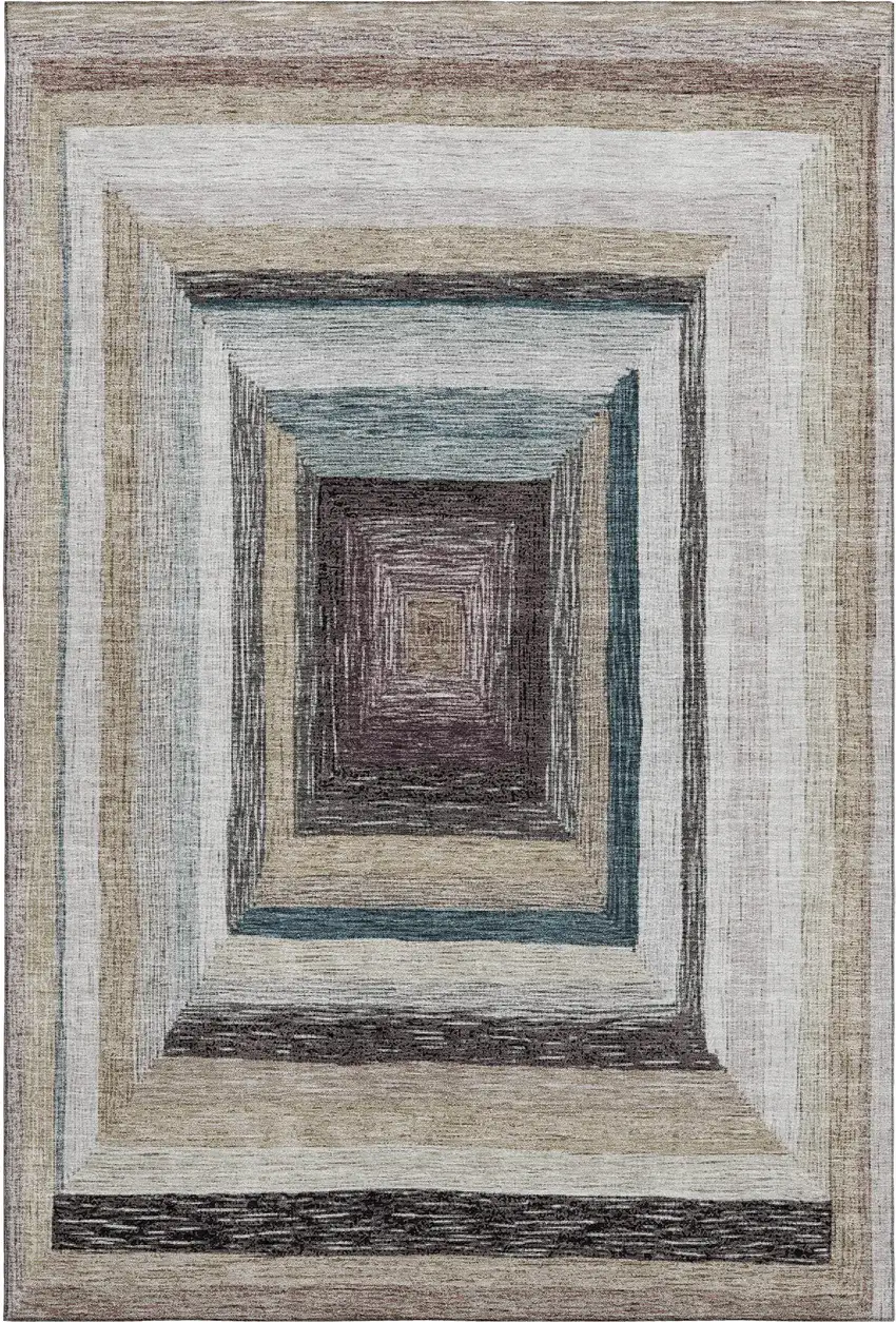 Beige Ivory And Charcoal Geometric Washable Area Rug With UV Protection Photo 1