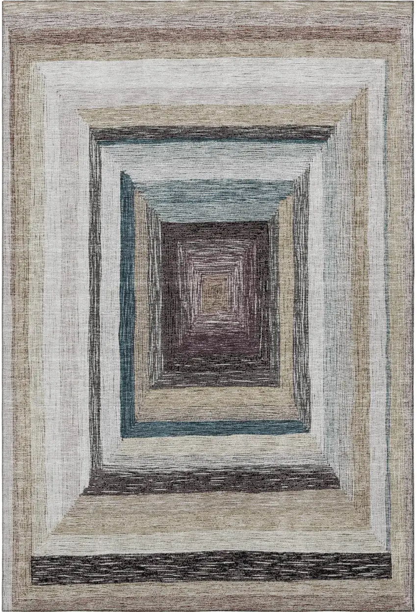 Beige Ivory And Charcoal Geometric Washable Area Rug With UV Protection Photo 4