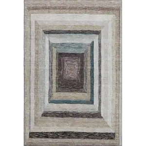 Photo of Beige Ivory And Charcoal Geometric Washable Area Rug With UV Protection