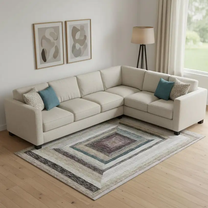 Beige Ivory And Charcoal Geometric Washable Area Rug With UV Protection Photo 2