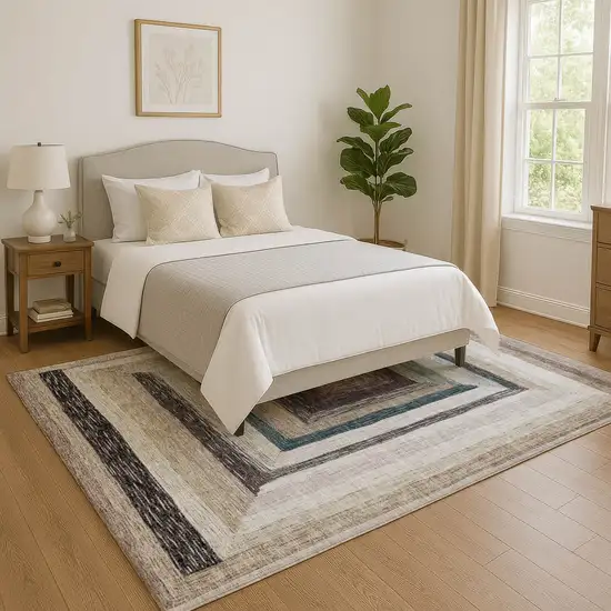 Beige Ivory And Charcoal Geometric Washable Area Rug With UV Protection Photo 5
