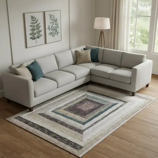 Beige Ivory And Charcoal Geometric Washable Area Rug With UV Protection Photo 1