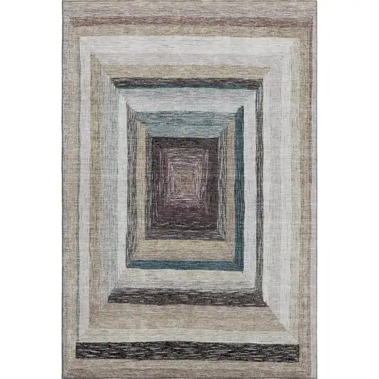 Beige Ivory And Charcoal Geometric Washable Area Rug With UV Protection Photo 1