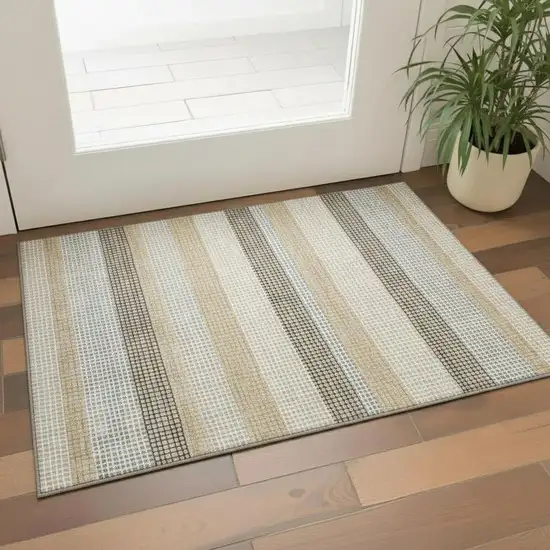Beige Ivory And Chocolate Striped Washable Area Rug With UV Protection Photo 2