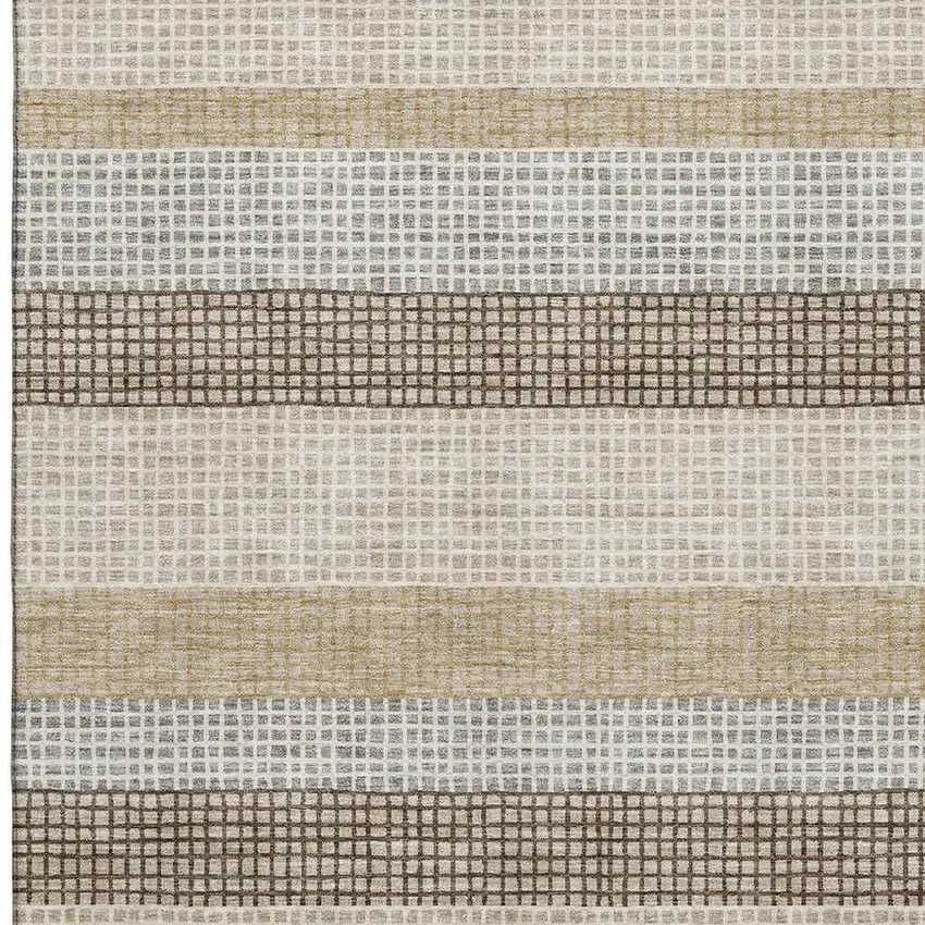 Beige Ivory And Chocolate Striped Washable Area Rug With UV Protection Photo 3