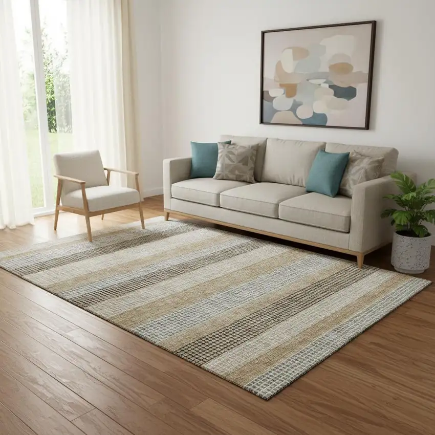 Beige Ivory And Chocolate Striped Washable Area Rug With UV Protection Photo 2