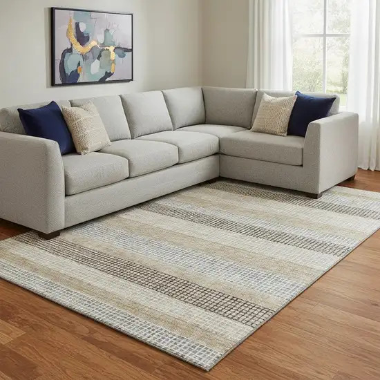 Beige Ivory And Chocolate Striped Washable Area Rug With UV Protection Photo 2