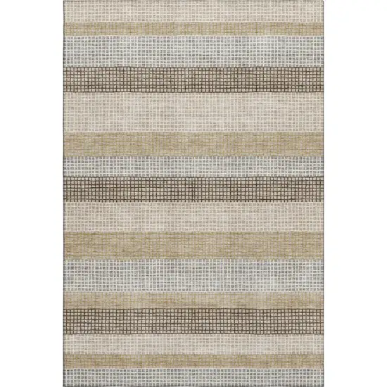 Beige Ivory And Chocolate Striped Washable Area Rug With UV Protection Photo 1