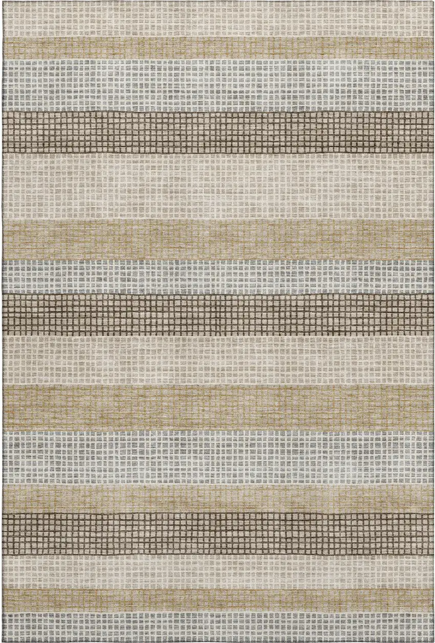 Beige Ivory And Chocolate Striped Washable Area Rug With UV Protection Photo 1