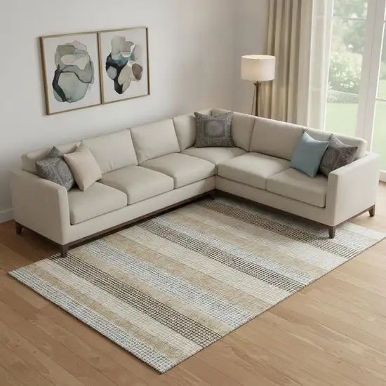 Beige Ivory And Chocolate Striped Washable Area Rug With UV Protection Photo 2