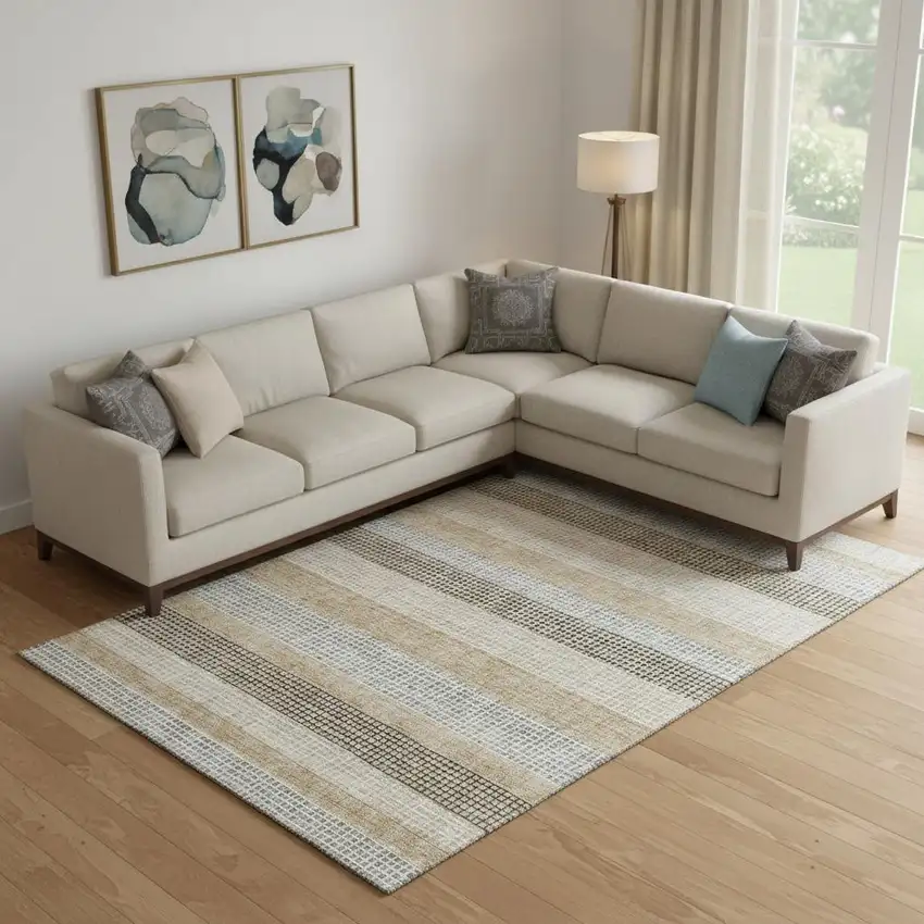 Beige Ivory And Chocolate Striped Washable Area Rug With UV Protection Photo 2