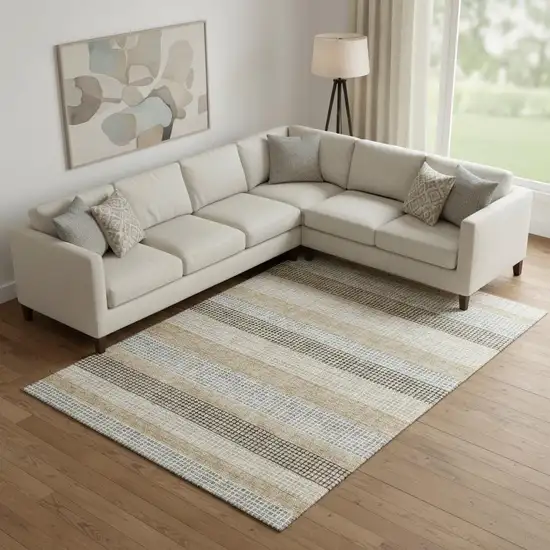 Beige Ivory And Chocolate Striped Washable Area Rug With UV Protection Photo 2