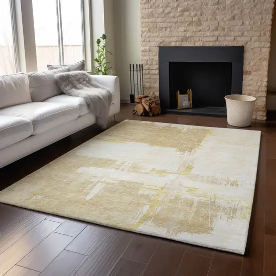 Beige Ivory And Gold Abstract Washable Area Rug With UV Protection Photo 7