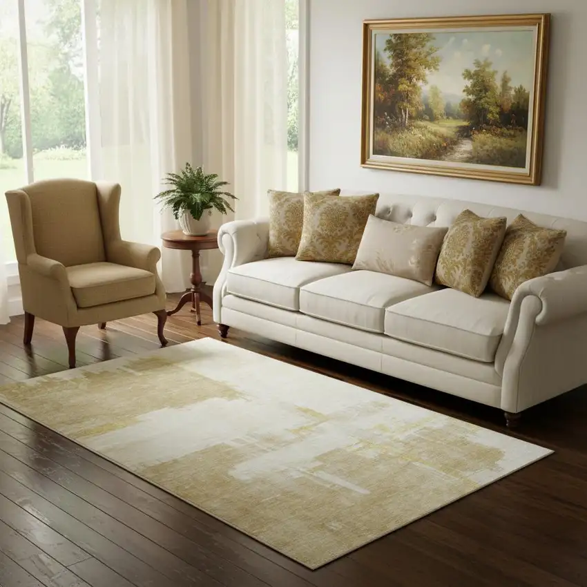 Beige Ivory And Gold Abstract Washable Area Rug With UV Protection Photo 1