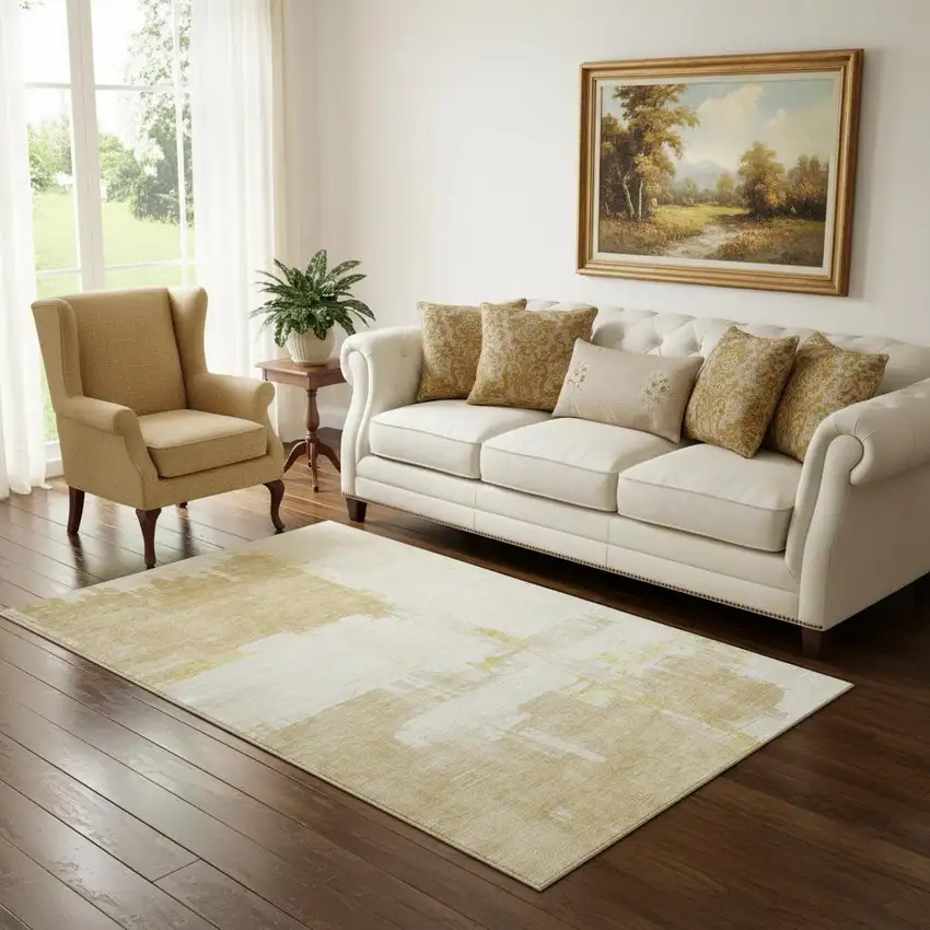 Beige Ivory And Gold Abstract Washable Area Rug With UV Protection Photo 3