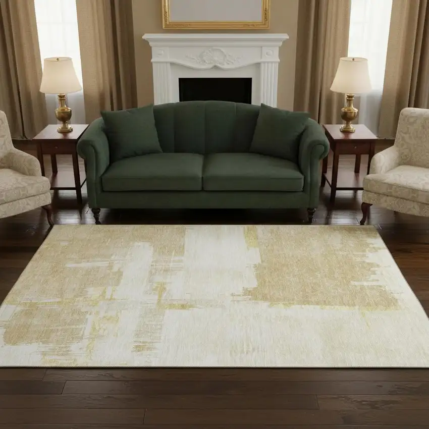 Beige Ivory And Gold Abstract Washable Area Rug With UV Protection Photo 2