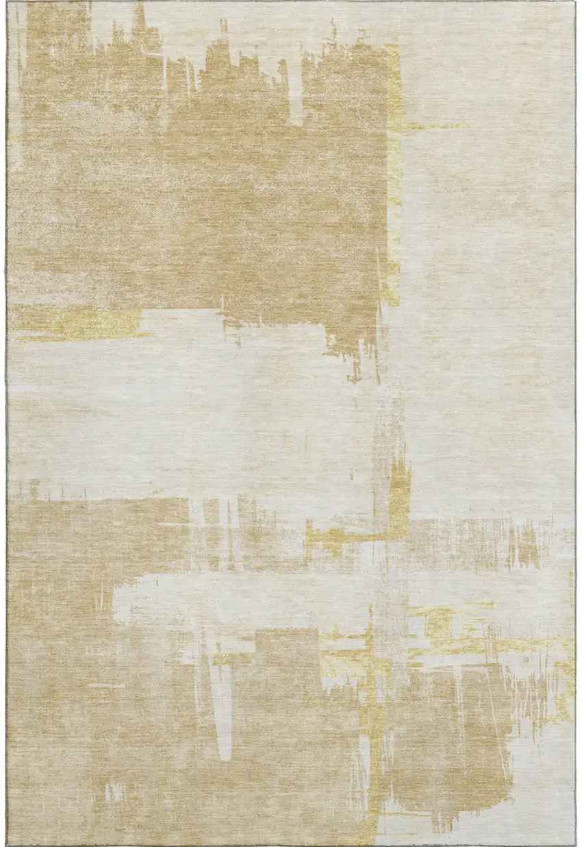 Beige Ivory And Gold Abstract Washable Area Rug With UV Protection Photo 1