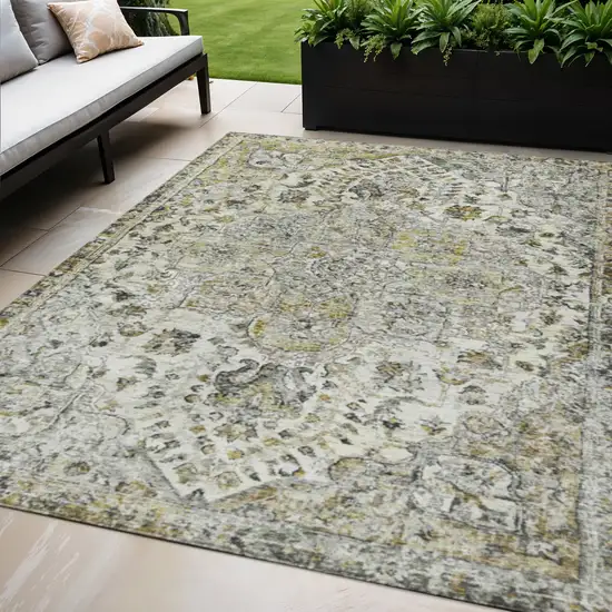 Beige Ivory And Gold Floral Medallion Washable Indoor Outdoor Area Rug Photo 2