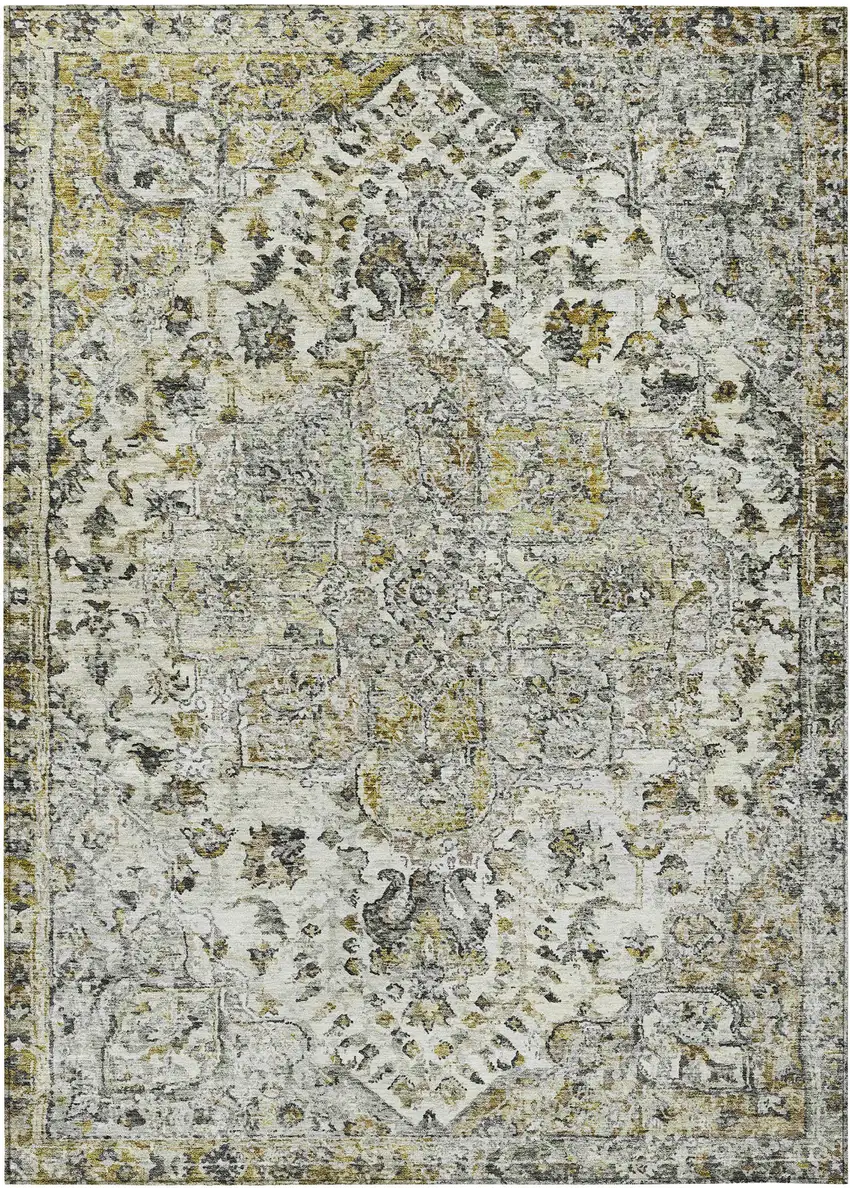 Beige Ivory And Gold Floral Medallion Washable Indoor Outdoor Area Rug Photo 1