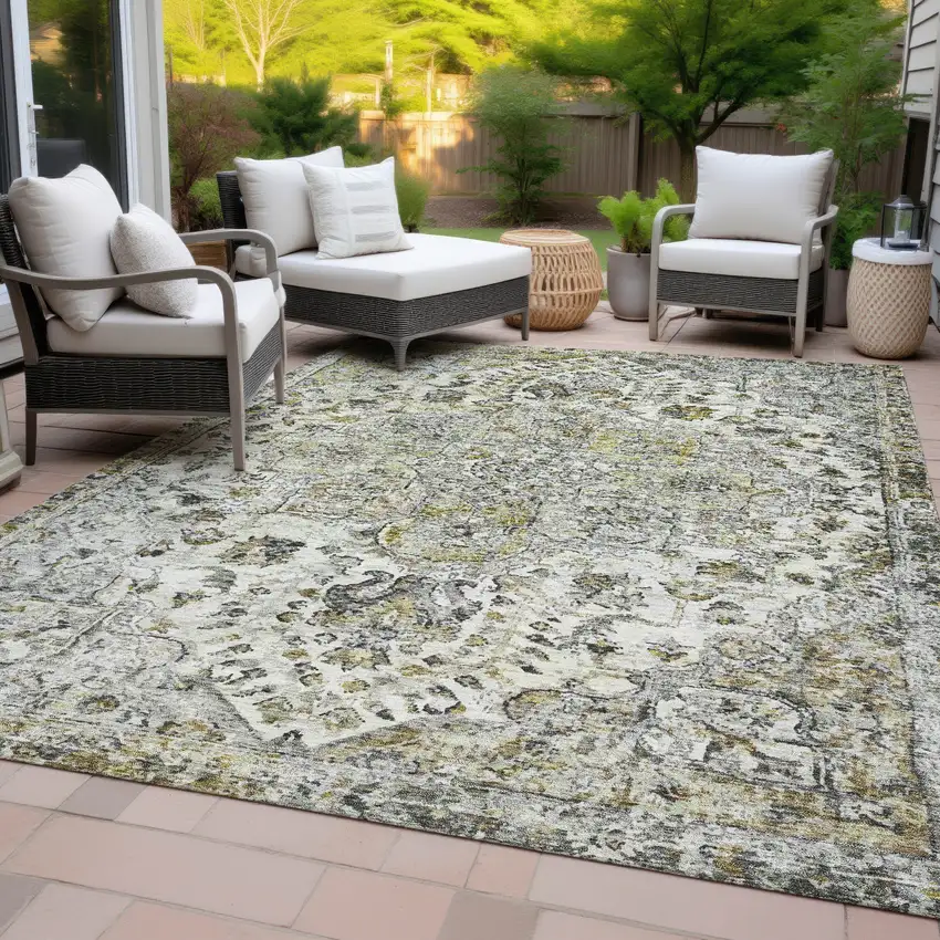 Beige Ivory And Gold Floral Medallion Washable Indoor Outdoor Area Rug Photo 9