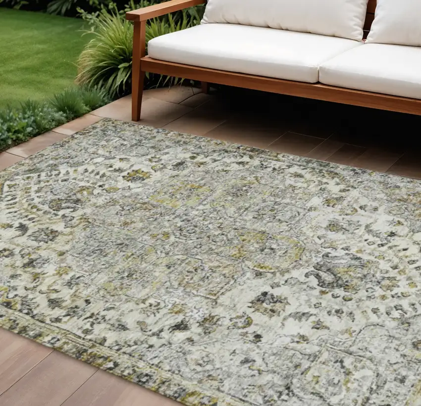 Beige Ivory And Gold Floral Medallion Washable Indoor Outdoor Area Rug Photo 2