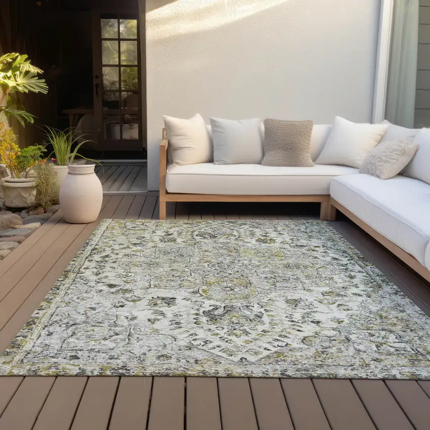 Beige Ivory And Gold Floral Medallion Washable Indoor Outdoor Area Rug Photo 5