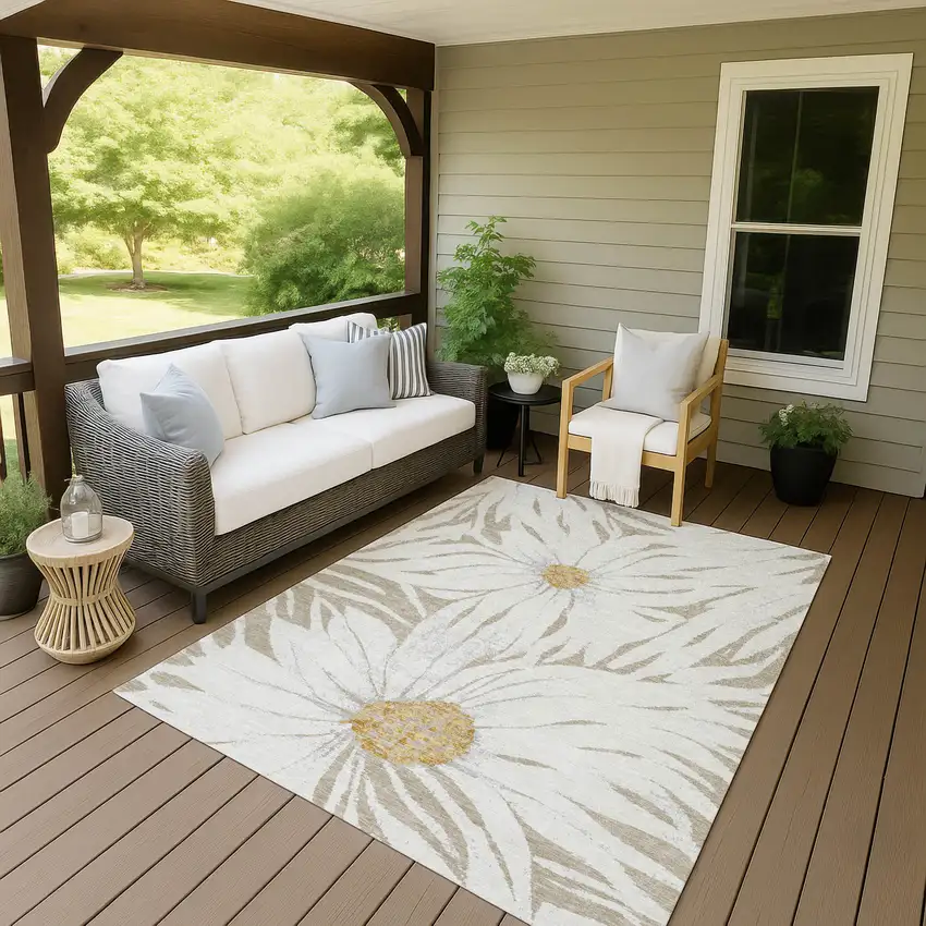 Beige Ivory And Gold Floral Washable Indoor Outdoor Area Rug Photo 6