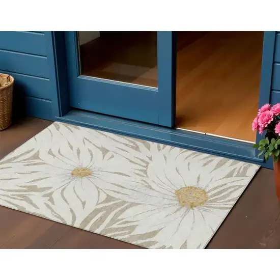 Beige Ivory And Gold Floral Washable Indoor Outdoor Area Rug Photo 1