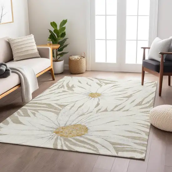 Beige Ivory And Gold Floral Washable Indoor Outdoor Area Rug Photo 9