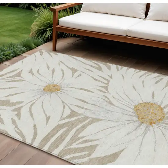 Beige Ivory And Gold Floral Washable Indoor Outdoor Area Rug Photo 1