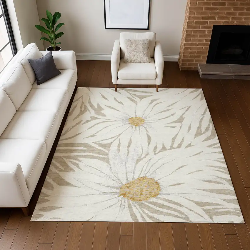 Beige Ivory And Gold Floral Washable Indoor Outdoor Area Rug Photo 8