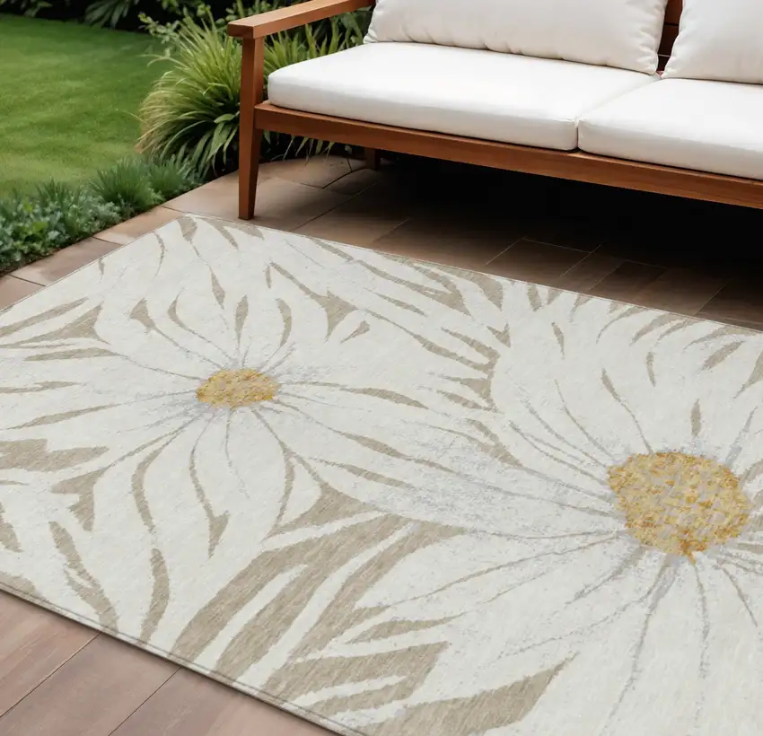 Beige Ivory And Gold Floral Washable Indoor Outdoor Area Rug Photo 1