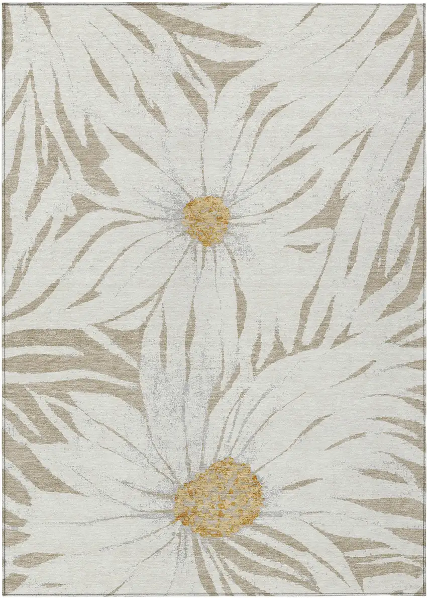 Beige Ivory And Gold Floral Washable Indoor Outdoor Area Rug Photo 2