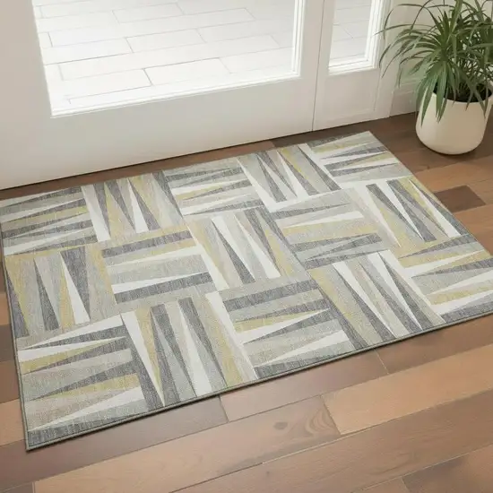 Beige Ivory And Gold Geometric Washable Area Rug With UV Protection Photo 2