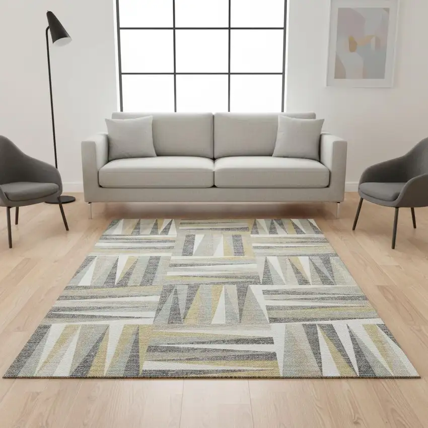 Beige Ivory And Gold Geometric Washable Area Rug With UV Protection Photo 2