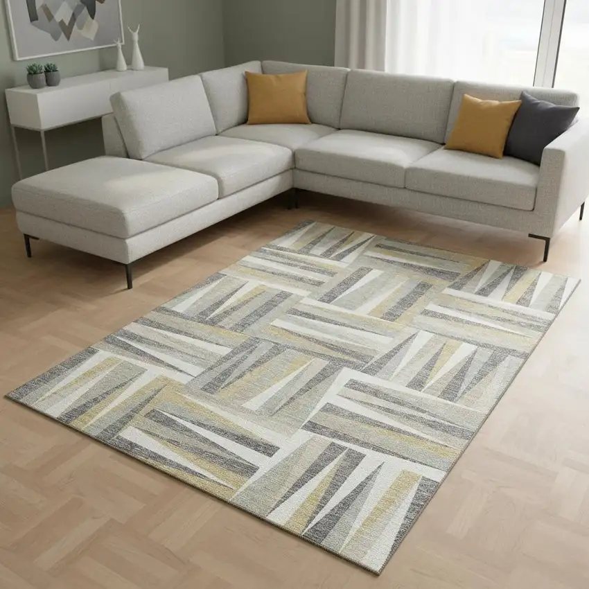 Beige Ivory And Gold Geometric Washable Area Rug With UV Protection Photo 2