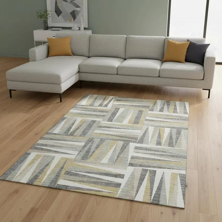Beige Ivory And Gold Geometric Washable Area Rug With UV Protection Photo 2