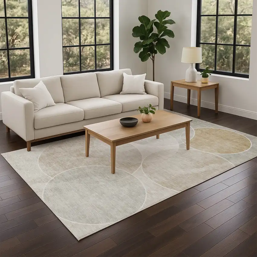 Beige Ivory And Gold Geometric Washable Indoor Outdoor Area Rug Photo 9