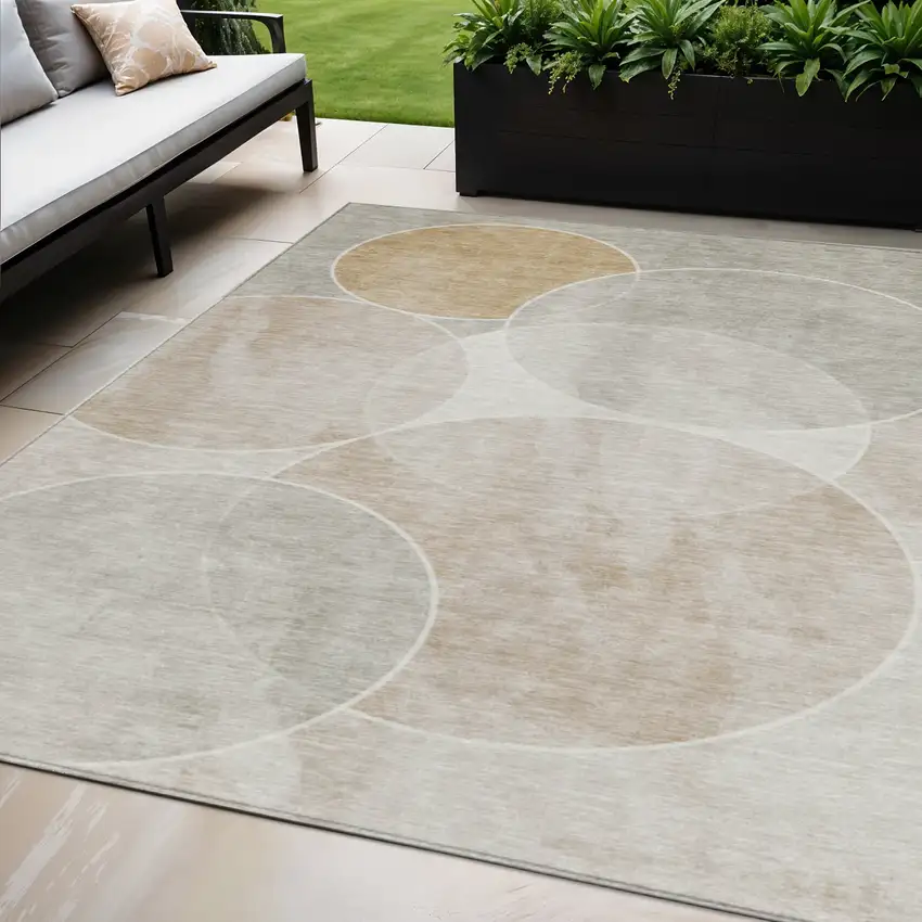 Beige Ivory And Gold Geometric Washable Indoor Outdoor Area Rug Photo 1