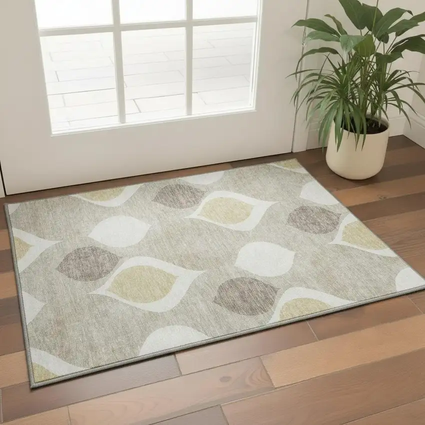 Beige Ivory And Gold Ogee Washable Area Rug With UV Protection Photo 2