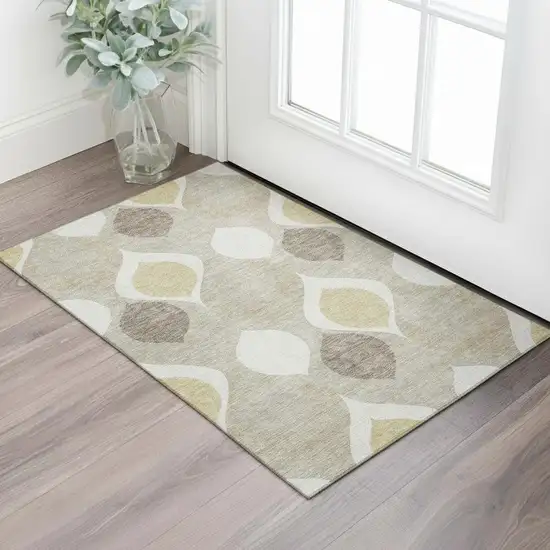 Beige Ivory And Gold Ogee Washable Area Rug With UV Protection Photo 1