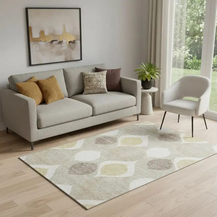 Beige Ivory And Gold Ogee Washable Area Rug With UV Protection Photo 1