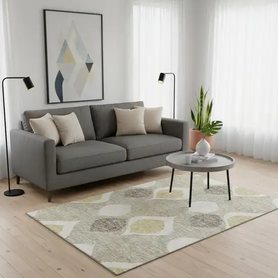 Beige Ivory And Gold Ogee Washable Area Rug With UV Protection Photo 2