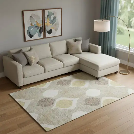 Beige Ivory And Gold Ogee Washable Area Rug With UV Protection Photo 1