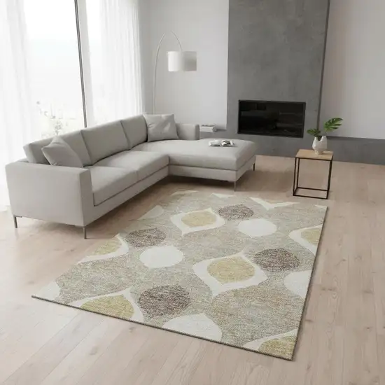 Beige Ivory And Gold Ogee Washable Area Rug With UV Protection Photo 2