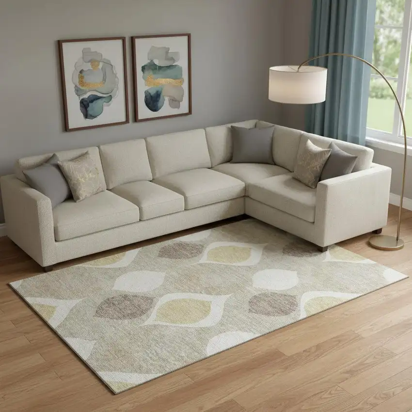 Beige Ivory And Gold Ogee Washable Area Rug With UV Protection Photo 1