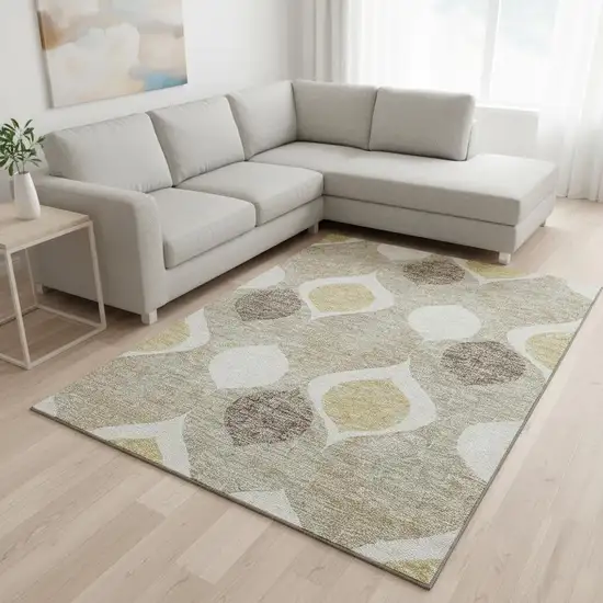 Beige Ivory And Gold Ogee Washable Area Rug With UV Protection Photo 2